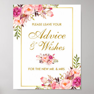 Poster Mariage Floral Rose or Conseils et souhaits