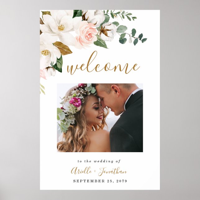 Poster Mariage floral rose pâle - or noir - Mot de bienve (Devant)