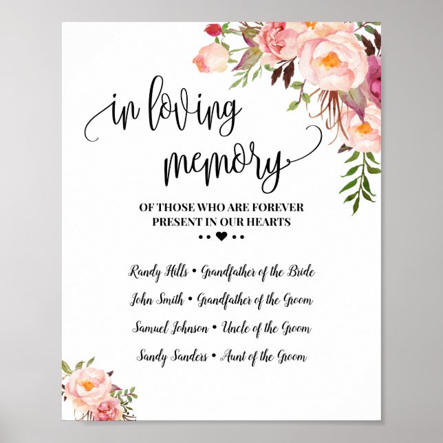 Poster Mariage floral rose souvenir en mémoire affectueux (Devant)