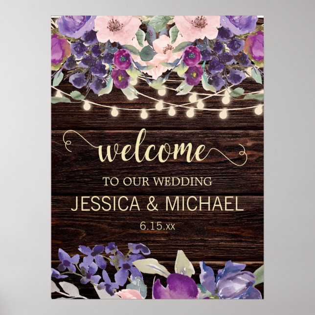 Poster Mariage floral rose violet rouge (Devant)