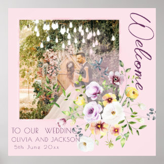 Poster Mariage Floral Violet Lavande Bleue Bienvenue PINK