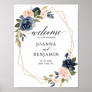 Poster Mariage géométrique bleu bleu bleu marine Bienvenu