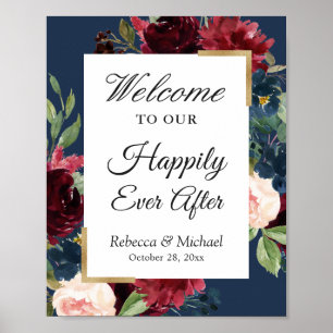 Poster Mariage Heureux Jamais Après Burgundy Blue Floral