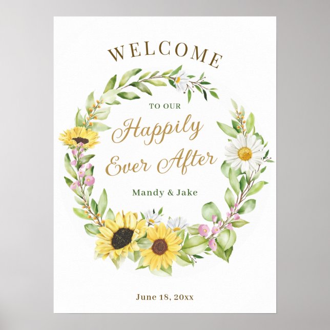 Poster Mariage Heureux Jamais Après Sunflower Daisy Bienv (Devant)