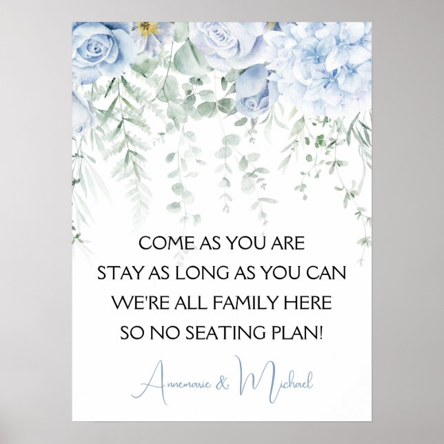Poster Mariage Hydrangeas Roses Bleues Sans Plan de Table (Devant)