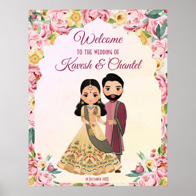 Poster Mariage indien à fleurs roses avec couple indien (Devant)