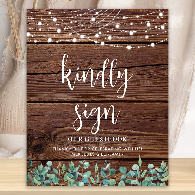 Poster Mariage Invité Rustique Bois vert Lumières à corde (Créateur téléchargé)