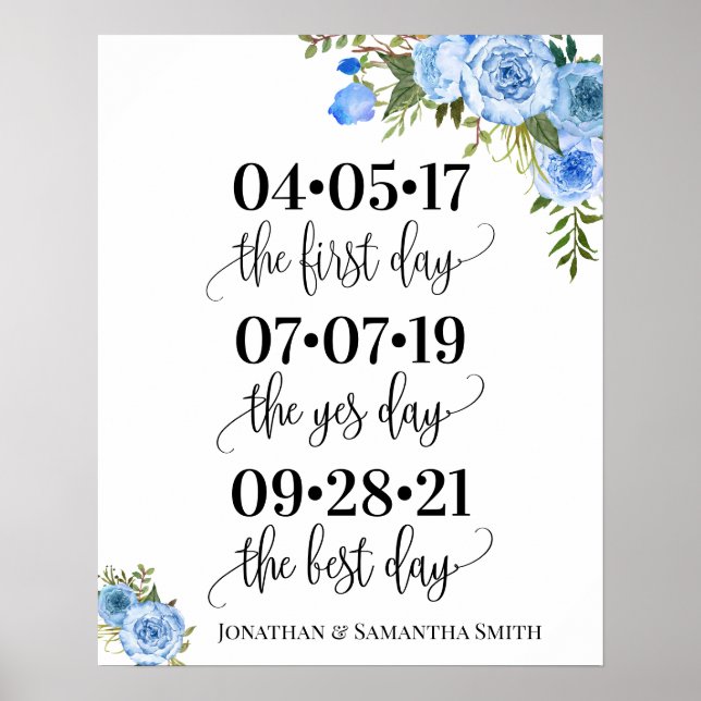 Poster Mariage jour meilleur date oui jour bleu floral (Devant)