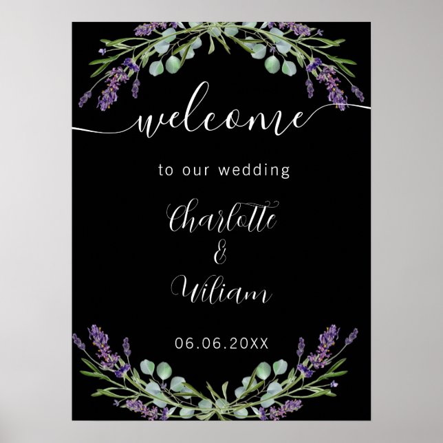 Poster Mariage lavande noir eucalyptus bienvenue (Devant)