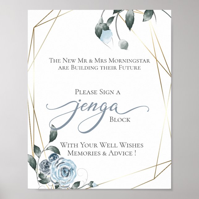 Poster Mariage Livre d'hôtes Jenga Dusty Blue Floral Sign (Devant)