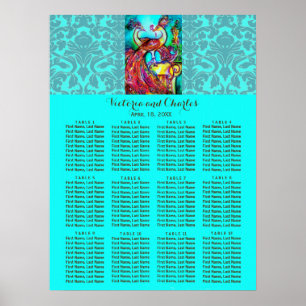 Poster MARIAGE LOVE PEACOCKS Blue Damask Seize Chart