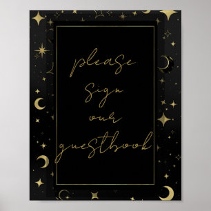 Poster Mariage Lune Étoiles Célestes Noir & Or 