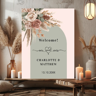 Poster Mariage m. mme coeur rose arche sauge vert taupe