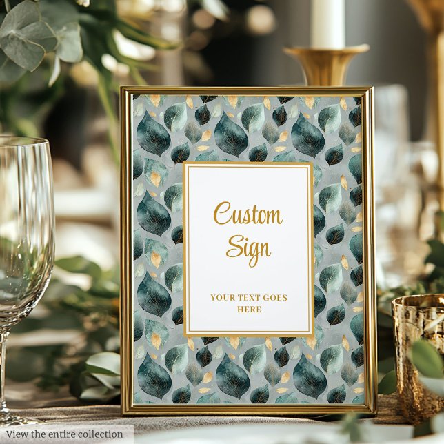 Poster Mariage minimal Eucalyptus Vert Or Profond Personn (Minimal Deep Green Gold Eucalyptus Wedding Custom Sign)