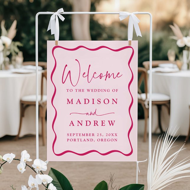 Poster Mariage moderne à cadre rose ondulé Accueil (Créateur téléchargé)