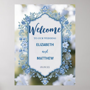 Poster Mariage moderne bleu & blanc de superposition fleu