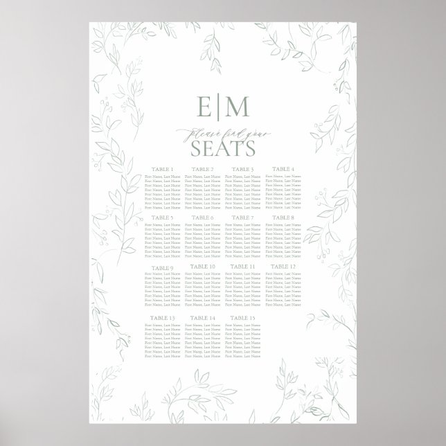 Poster Mariage Monogramme Élégant Sage Feuille (Devant)