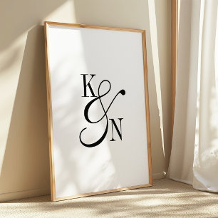 Poster Mariage Monogramme Minimaliste Écriture Noir & Bla