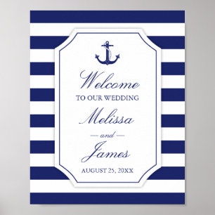 Poster Mariage nautique de rayure de bleu marine d'Ancre