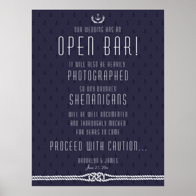 Poster Mariage nautique Open Bar Sign 18x24 Ancres bleues (Devant)