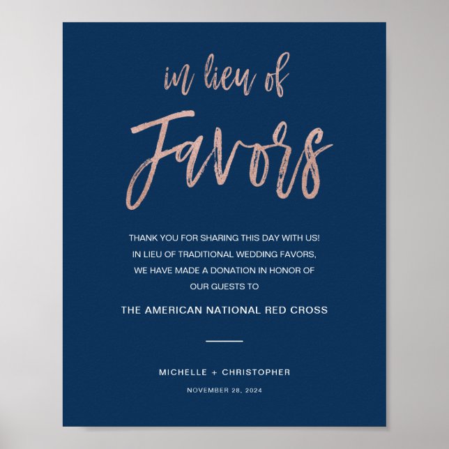 Poster Mariage Navy & Or Rose En Lieu De Faveurs Panneau (Devant)
