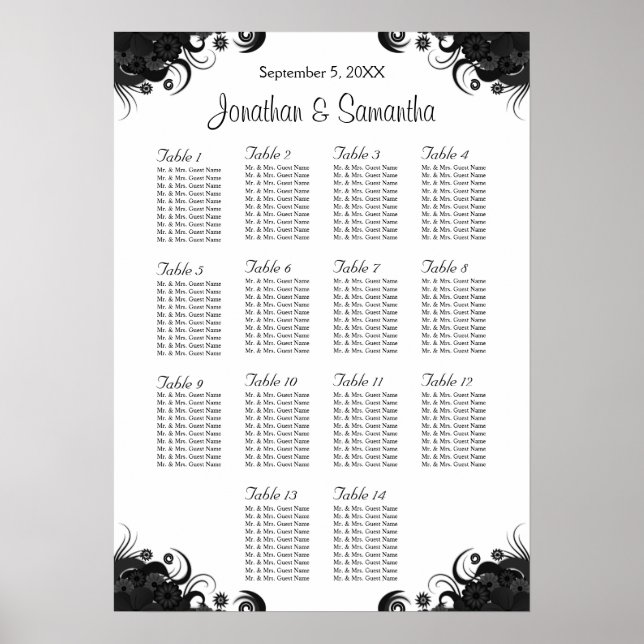 Poster Mariage noir et blanc 14 tables Cartes de sièges (Devant)