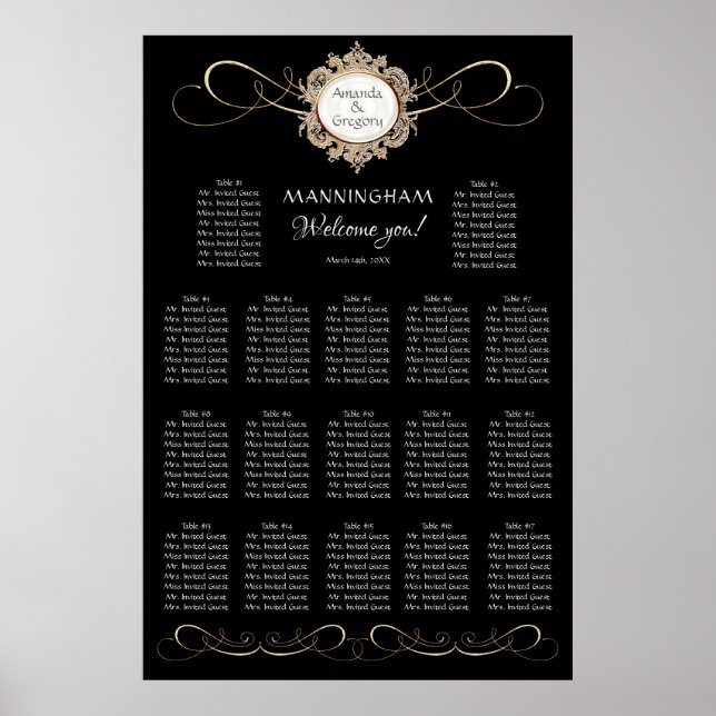 Poster Mariage noir simple Elegant Gold Swirl (Devant)
