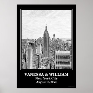Poster Mariage NYC Skyline ESB WTC Etch BW