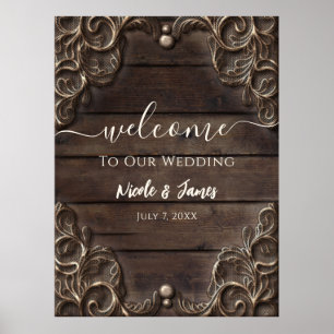 Poster Mariage Occidental Rustique Vintage Bois Sombre & 