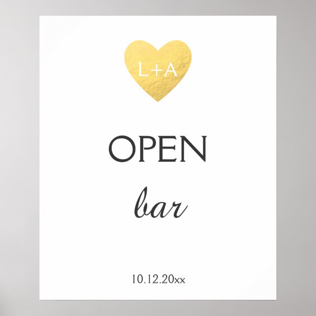 Poster Mariage Open Bar, faux coeur or (Devant)