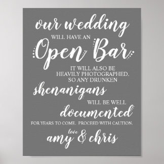 Poster Mariage Open Bar Funny Drunken Shenanigans Sign W