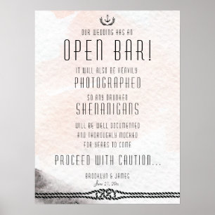 Poster Mariage Open Bar Sign 18x24 Watercolor Peach
