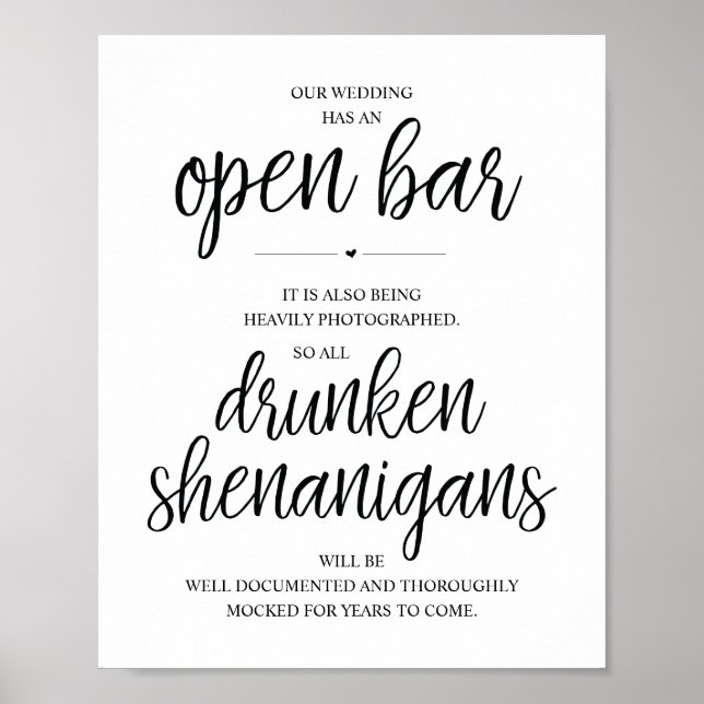 Poster Mariage Open Bar, signe shenanigans ivres (Devant)