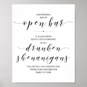 Poster Mariage Open Bar, signe shenanigans ivres