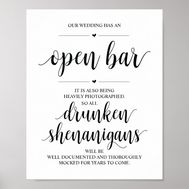 Poster Mariage Open Bar, signe shenanigans ivres (Devant)
