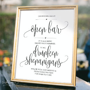 Poster Mariage Open Bar, signe shenanigans ivres