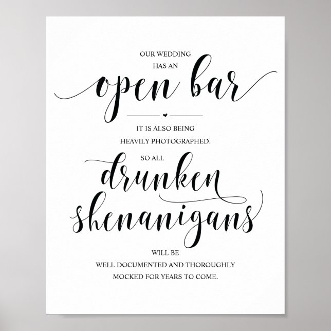 Poster Mariage Open Bar, signe shenanigans ivres (Devant)