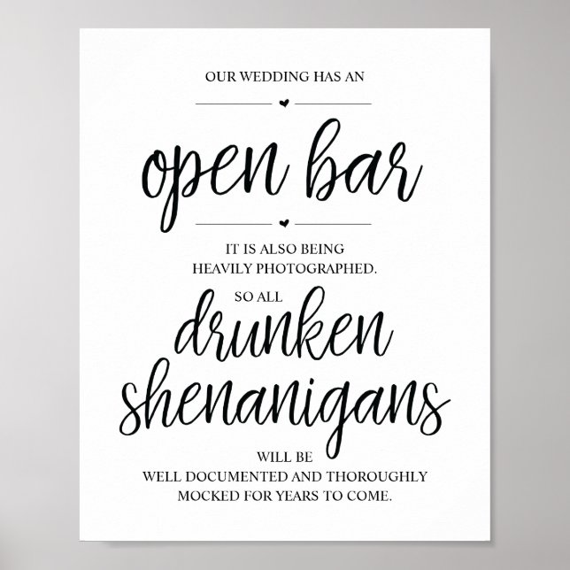 Poster Mariage Open Bar, signe shenanigans ivres (Devant)