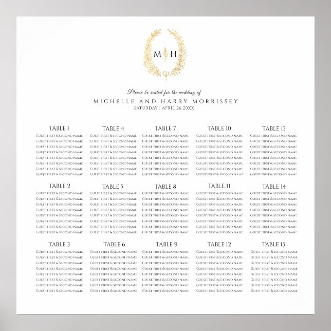 Poster Mariage ovale en or noir 15 tables (Devant)