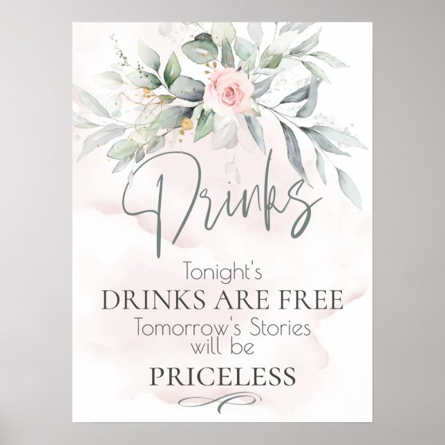 Poster Mariage | Panneau de la barre florale rose de feui (Devant)