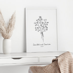 Poster Mariage personnalisé dessin d'art en ligne de fleu