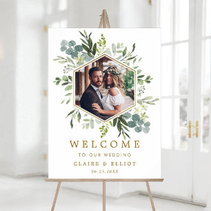Poster Mariage photo Botanical Green Gold Hexagon Bienven