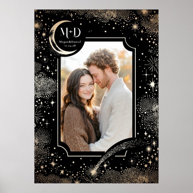 Poster Mariage Photo Céleste Noir Étoiles modernes Lune (Devant)