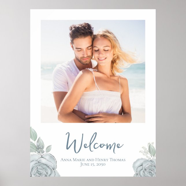 Poster Mariage Photo Floral Bleu Aquarelle Rose élégant (Devant)