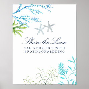 Poster Mariage Plage Algues Aquarelle Hashtag