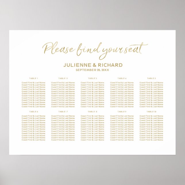 Poster Mariage Plan de siège élégant Golden Lettré (Devant)