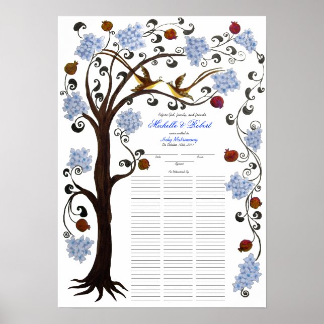 Poster Mariage Quaker de 100 invités - Arbre bleu de vie (Devant)