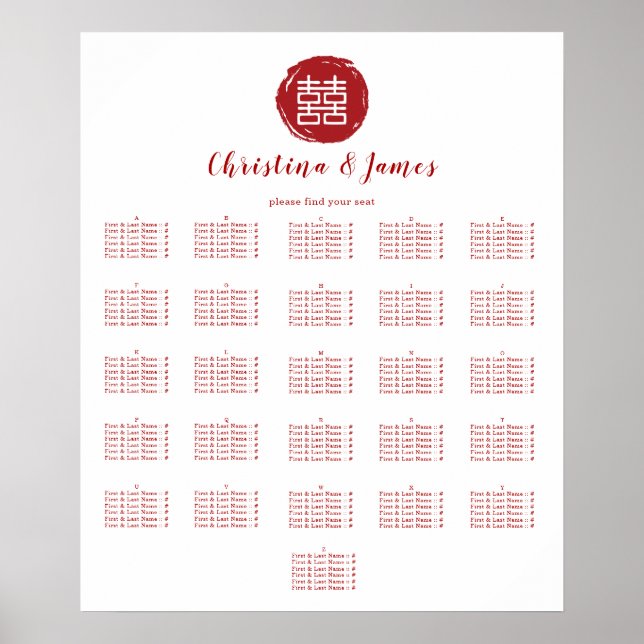 Poster Mariage Red Double Happiness Graphique de sièges (Devant)