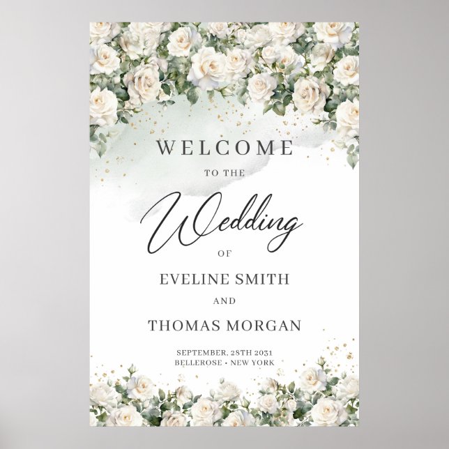 Poster Mariage romantique boho blanc roses et verdure (Devant)