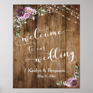 Poster Mariage Rustic Wood Peonés & Lights Bienvenue